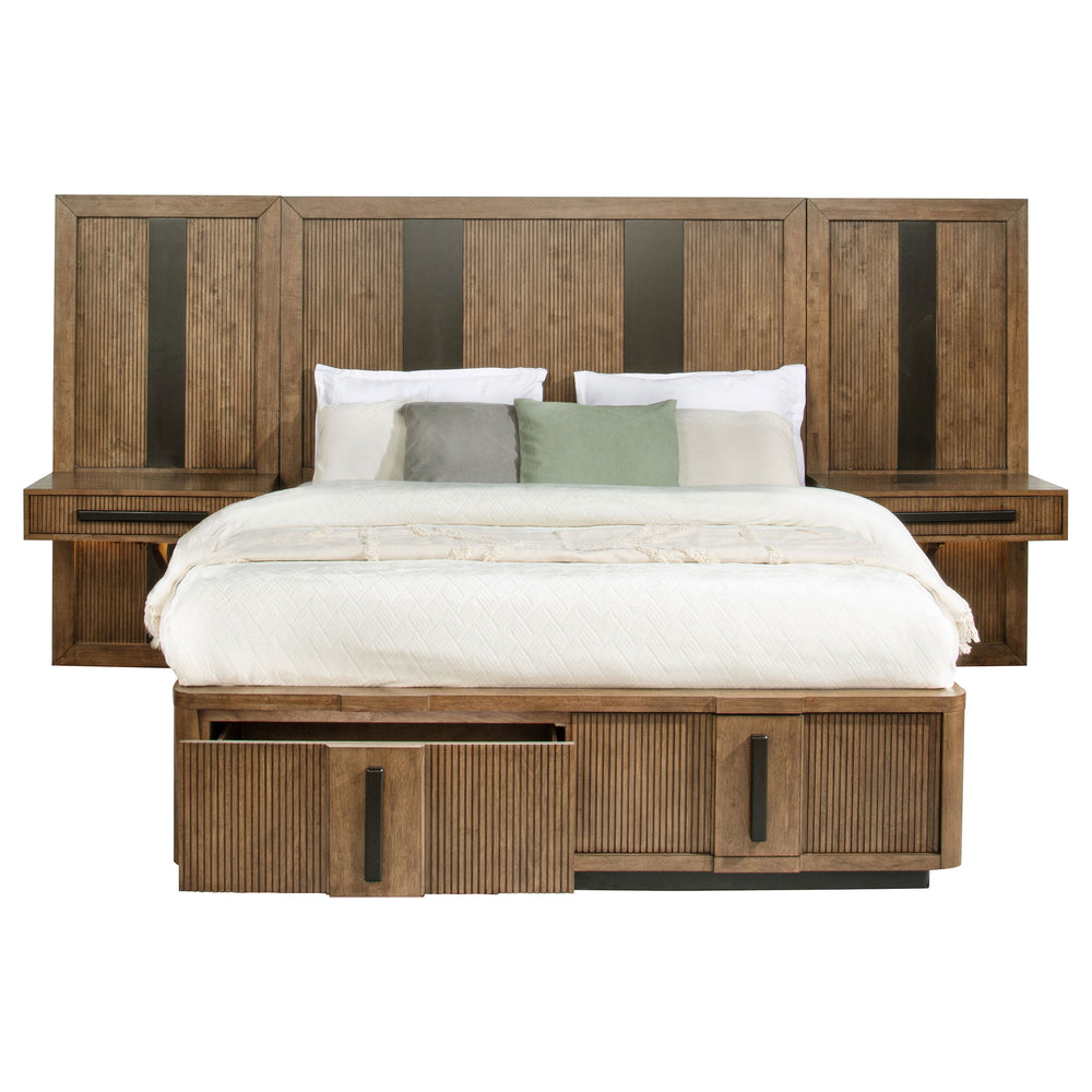 English Elm Moraga Fluted Ash Veneer California King Storage Bed with Wall Panel Nightstands B062S01834