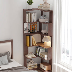 English Elm 6 Tier Freestanding L-Shaped Corner Bookshelf with Anti-Tip, Rounded Corners, 3D Wood Grain Finish Ox Blood Red W2899P372514