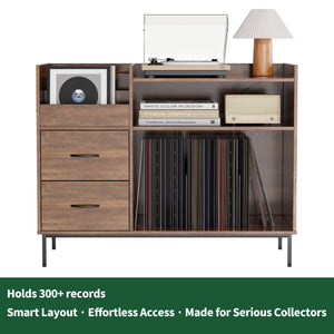 English Elm Record Player Stand with Vinyl Storage Mid-century Wood Console for Living Room T2398P438826