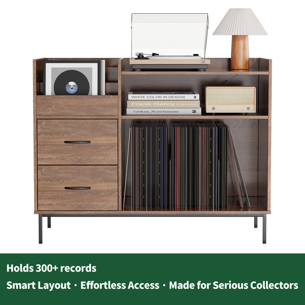 English Elm Record Player Stand with Vinyl Storage Mid-century Wood Console for Living Room T2398P438826