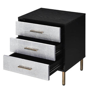 English Elm Black, 3-Drawer Nightstand with Decorative Fronts, Metal Glides, 2/3 Extension, Sleek Black Silver Gold Finish B062P189251