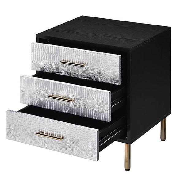 English Elm Black, 3-Drawer Nightstand with Decorative Fronts, Metal Glides, 2/3 Extension, Sleek Black Silver Gold Finish B062P189251