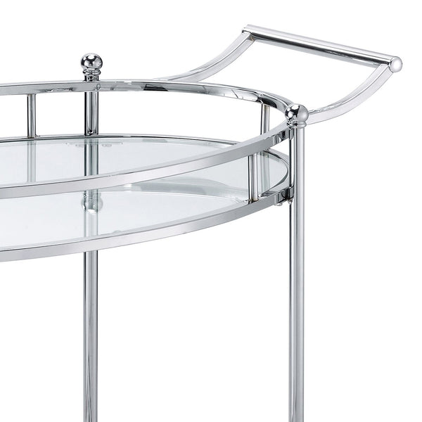 English Elm Jinx Clear Glass & Chrome Serving Cart with Wheels and Stop, Two-Tier Modern Bar Cart for Entertaining elegant mobile display piece B2726P255375