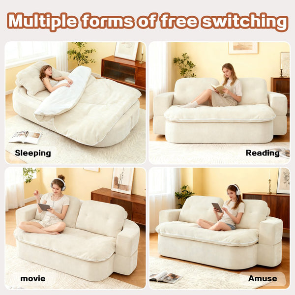 English Elm Modern Curved Floor Sofa Bed with 2 Pillows, No Assembly, High-Density Foam, Foldable Quilt Storage Beige W3565P372388