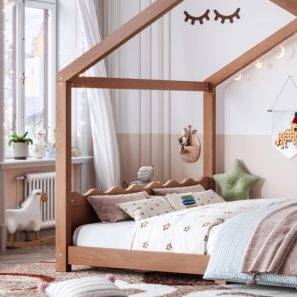 English Elm Queen House Shaped Floor Bed Solid Pine Frame Montessori Kids Bedroom No Box Spring W1580P438812