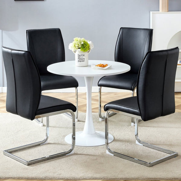 English Elm Table Set With Hourglass-Shaped Round Table & 4 Ergonomic Black Pu Chairs For Modern Dining Spaces W1151S03535-GIGA