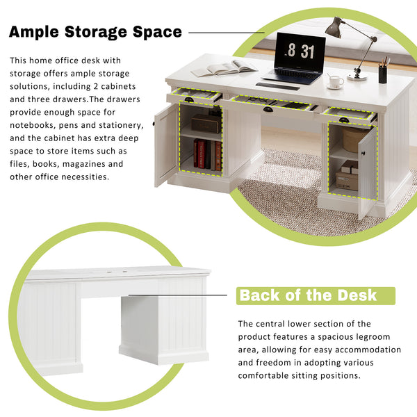 English Elm 67" White Executive Desk with Cabinet Storage Drawers and Usb Ports for Home Office N751S415500K
