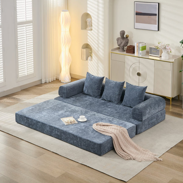 English Elm Comfy Chenille Convertible Folding Mattress Couch Sofa Bed with Armrest, Space-Saving, No Assembly Needed Blue W1143P330252