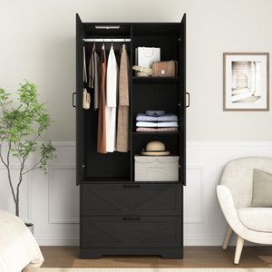 English Elm 2 Door Wardrobe Closet with Full Length Mirror Motion Light Hanging Rod and Drawers Black W409P266778