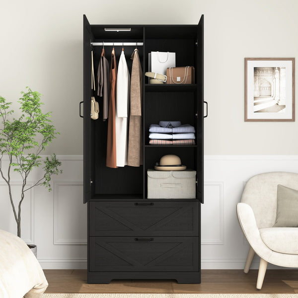 English Elm 2 Door Wardrobe Closet with Full Length Mirror Motion Light Hanging Rod and Drawers Black W409P266778