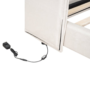 English Elm Queen Upholstered Platform Bed with LED Lights, U-Shaped Headboard, Linen Fabric, Sturdy Metal Legs Beige SF000151AAA