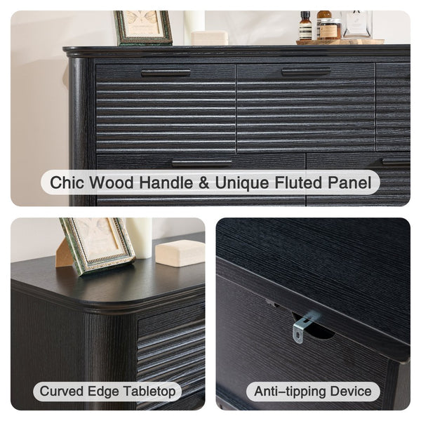 English Elm Fluted Wave Panel 7 Drawer Mdf Dresser Modern Bedroom Storage with Tv Stand Top Black Woodgrain T5326P425095
