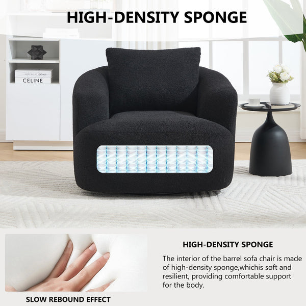English Elm 360° Swivel Barrel Chair Teddy Fleece Upholstery with Pillow for Bedroom Reading Nook Black W1803P363032