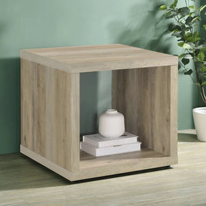 English Elm Square End Table In Distressed Pine - Rustic Engineered Wood Design With Open Storage Shelf For Cozy Living Spaces B016P380677-GIGA