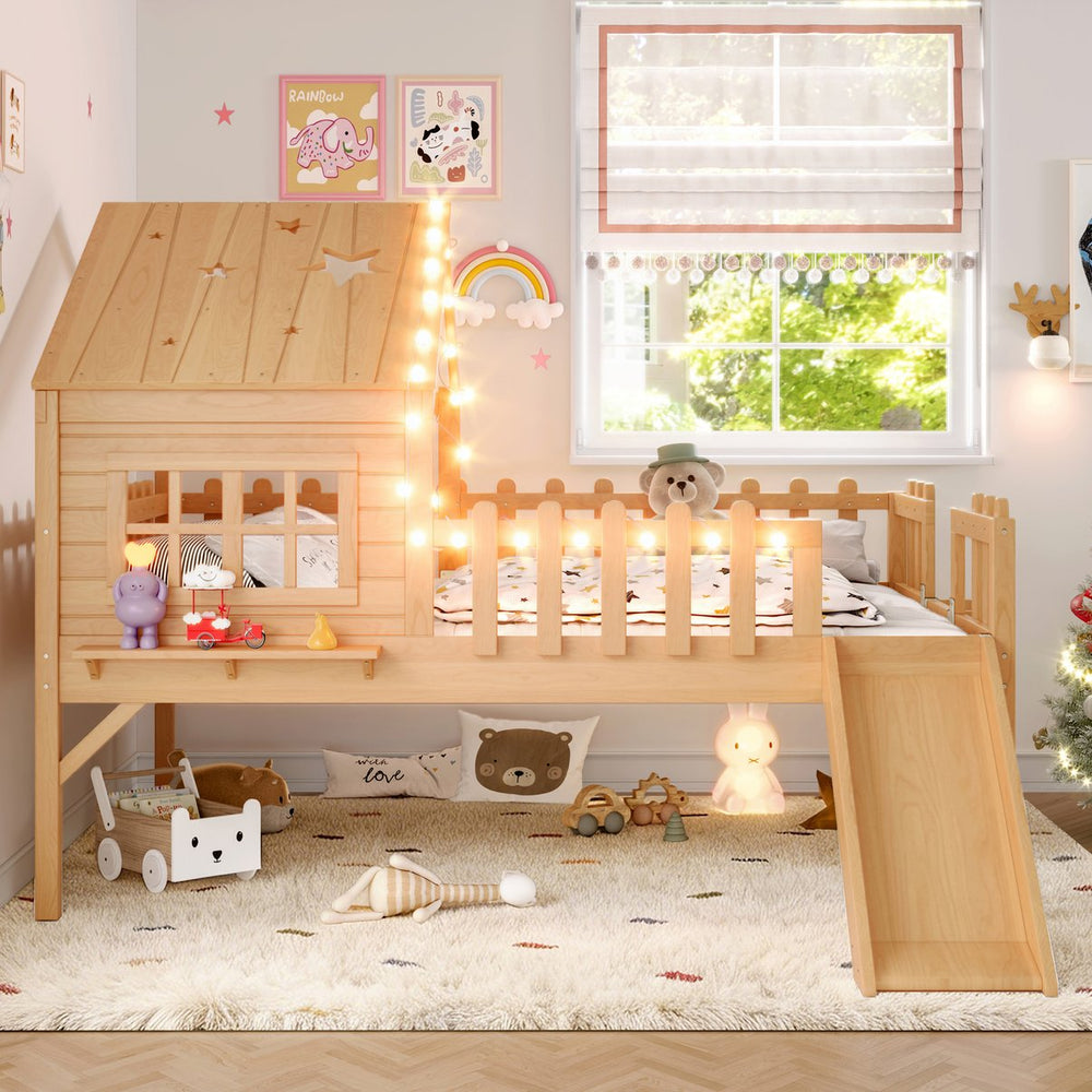 English Elm Twin Playhouse Loft Bed Solid Pine Frame with Slide Led Lights and Star Roof Natural W5316S00005