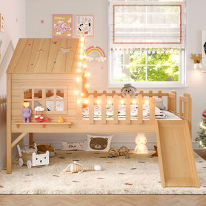 English Elm Twin Playhouse Loft Bed Solid Pine Frame with Slide Led Lights and Star Roof Natural W5316S00005