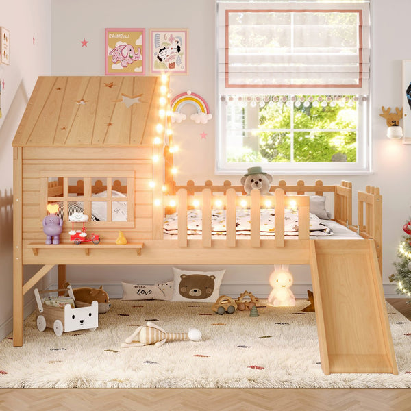English Elm Twin Playhouse Loft Bed Solid Pine Frame with Slide Led Lights and Star Roof Natural W5316S00005