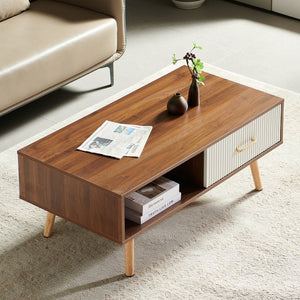 English Elm Rectangle Coffee Table With Solid Wood Legs & Sliding Drawer - Modern Walnut Design For Living Room W1265P236879-GIGA