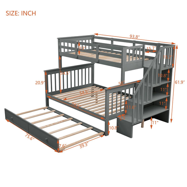 English Elm Stairway Twin Over Full Bunk Bed with Trundle Stair Storage and Guard Rail LT000119AAE-1