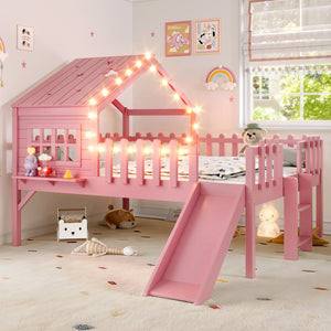 English Elm Twin Playhouse Loft Bed Solid Pine Frame with Slide Led Lights and Star Roof Pink W5316S00006