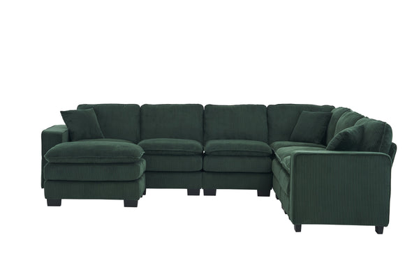 English Elm Modern U Shaped 6-Seat Sectional Sofa with Ottoman and 3 Toss Pillows, Corduroy Modular Comfort and Durable Frame Green W2363S00042