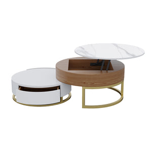 English Elm Dolce Round Lift-Top Wood Coffee Table with Convertible Heights and Sturdy Iron Frame, Modern Chic White B341S00042