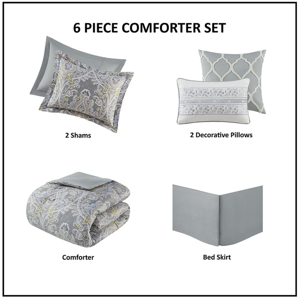 English Elm 6 Piece Cotton Comforter Set - Luxurious Grey Damask Design With Decorative Pillows & Bedskirt B03595743