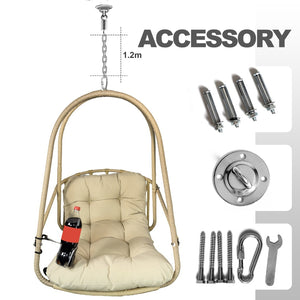 English Elm Swing Egg Chair With Stand - Indoor/Outdoor Wicker Rattan Hanging Basket With Cushion & Cup Holder W2707P296437-GIGA