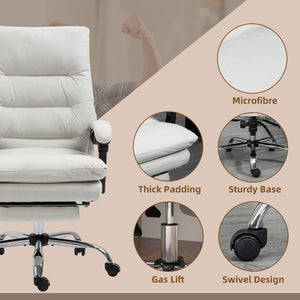 English Elm Vinsetto Microfibre Executive Massage Office Chair, Computer Desk Chair, Heated Reclining Chair With Footrest, Double-Tier Padding, Swivel Wheels, Cream White