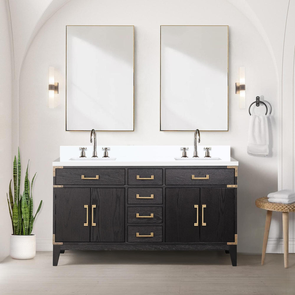 English Elm Black Oak Double Bath Vanity 60" W X 22" D With Cultured Marble Top, Soft-Close Drawers & Cabinets B2731P260936