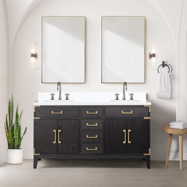 English Elm Black Oak Double Bath Vanity 60" W X 22" D With Cultured Marble Top, Soft-Close Drawers & Cabinets B2731P260936