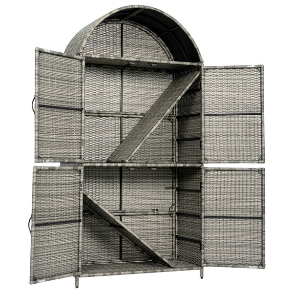 English Elm K&k Tall Arched Pe Rattan Outdoor Storage Cabinet with Adjustable Shelves and Steel Frame Grey N707P420158G
