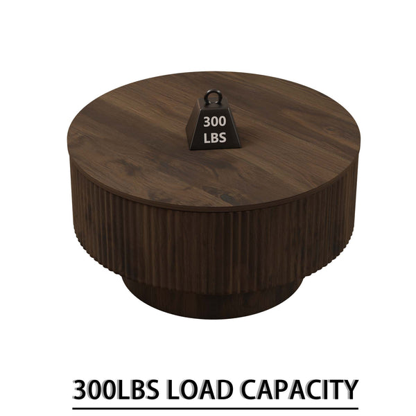 English Elm 29.53 Inch Round Mdf Coffee Table Sculptural Grooved Silhouette with Hidden Storage W2189P320663