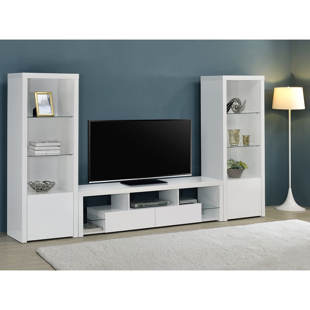 English Elm Lance Glossy White Three Piece Entertainment Center with Glass Shelves for Living Room B062S01736