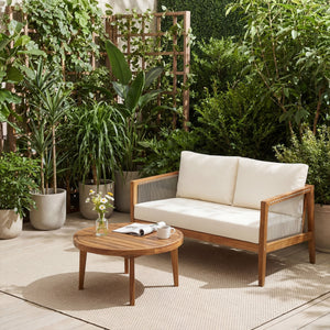 English Elm Outdoor Acacia Wood Loveseat Set with Rope Woven Panels and Matching Coffee Table Beige,Teak N768P408131T