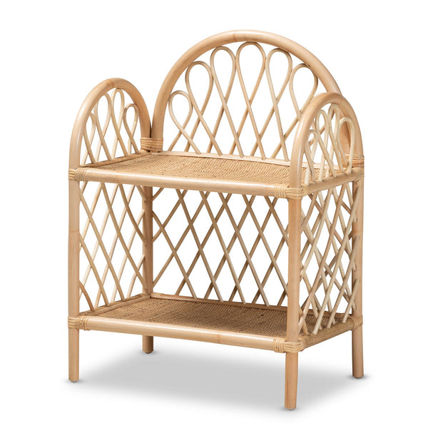 English Elm Modern Woven Rattan Two Tier Display Shelf with Curled Accents for Coastal Boho Decor B2750P470041