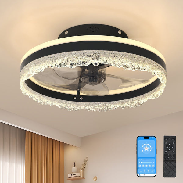 English Elm 16" Modern LED Ceiling Fan with Hidden Blades, Remote & App Control, Dimmable Crystal Flush Light W2312P368704