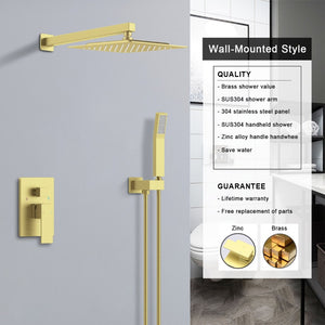 English Elm Shower System: Luxurious 10" Rainfall & Handheld Faucet Combo In Brushed Gold, Wall-Mounted Design T3177P269097-GIGA