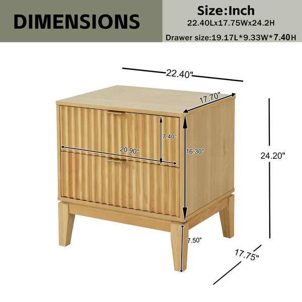 English Elm Natural Rubber Wood Fluted 2 Drawer Nightstand with Gold Pulls for Modern Bedrooms N758P386962N