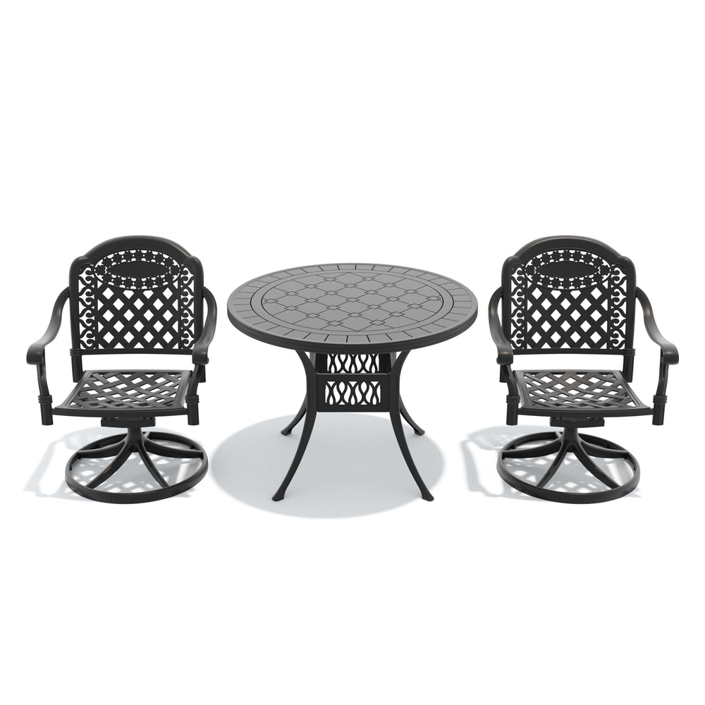 English Elm 3-piece Outdoor Cast Aluminum Dining Set with Round Table and Swivel Chairs Carved Detail W1710S00303