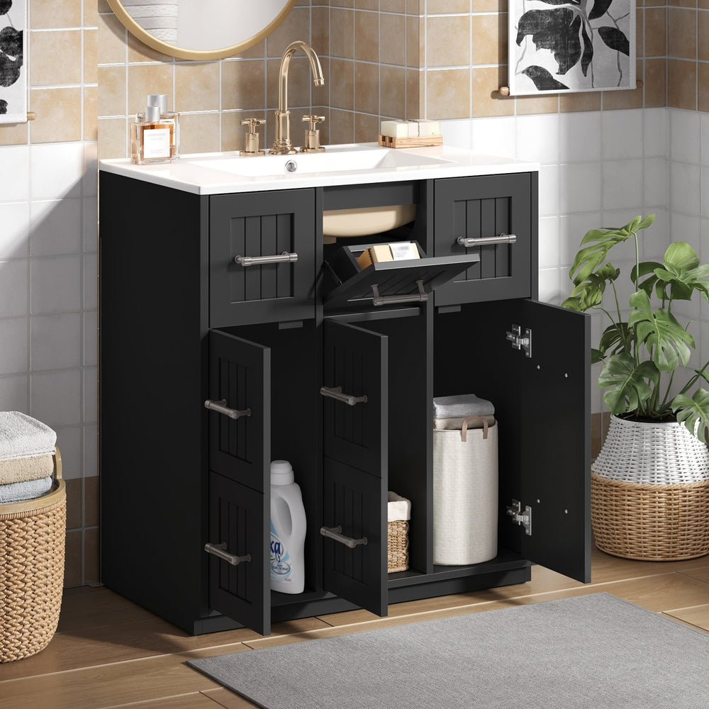 English Elm 30inch Bathroom Vanity with Undermount Sink, Tip-Out Tray, Soft-Close Doors, Spacious Drawers & Handles Black N710P331580B