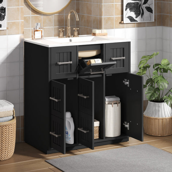 English Elm 30inch Bathroom Vanity with Undermount Sink, Tip-Out Tray, Soft-Close Doors, Spacious Drawers & Handles Black N710P331580B