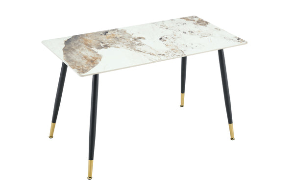 English Elm Modern Sintered Stone Rectangular Dining Table with Gold Tipped Steel Legs for Any Room Light Beige W3493P436709