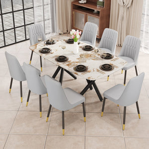 Hearth and Haven 1 Table and 8 Chairs Set.A Rectangular Dining Table with a 0.39-Inch Imitation Marble Tabletop and Black Metal Legs.Paired with 8 Chairs with Leatherette Leather Seat Cushion and Black Metal Legs.F-1538, C-007 W1151S00954 W1151S00954