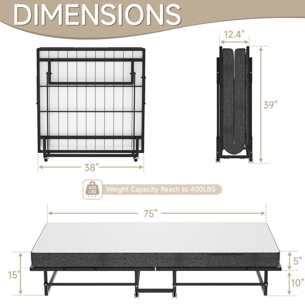 English Elm Portable Rollaway Guest Bed with Memory Foam Mattress Steel Frame and Storage Wheels T3210P471560