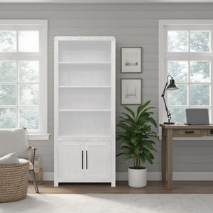 English Elm Haven 78" Bookcase Pier Cabinet — Oak Veneer, Curved Transitional Design with Shelves & Doors (No Assembly) White B108P364418