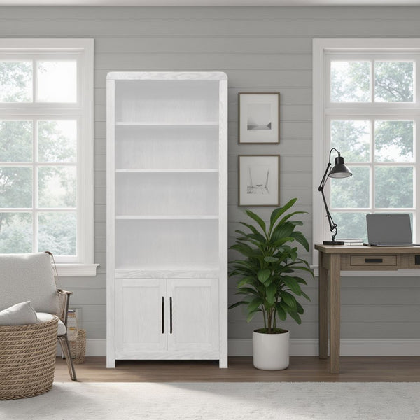 English Elm Haven 78" Bookcase Pier Cabinet — Oak Veneer, Curved Transitional Design with Shelves & Doors (No Assembly) White B108P364418
