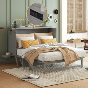 English Elm Queen Murphy Cabinet Bed Solid Pine Build with Usb Charging and Fold Out Desktop Grey W504S00167