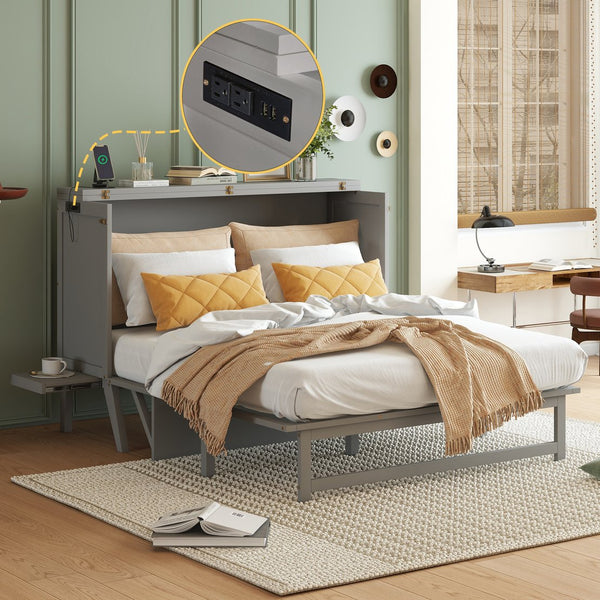 English Elm Queen Murphy Cabinet Bed Solid Pine Build with Usb Charging and Fold Out Desktop Grey W504S00167