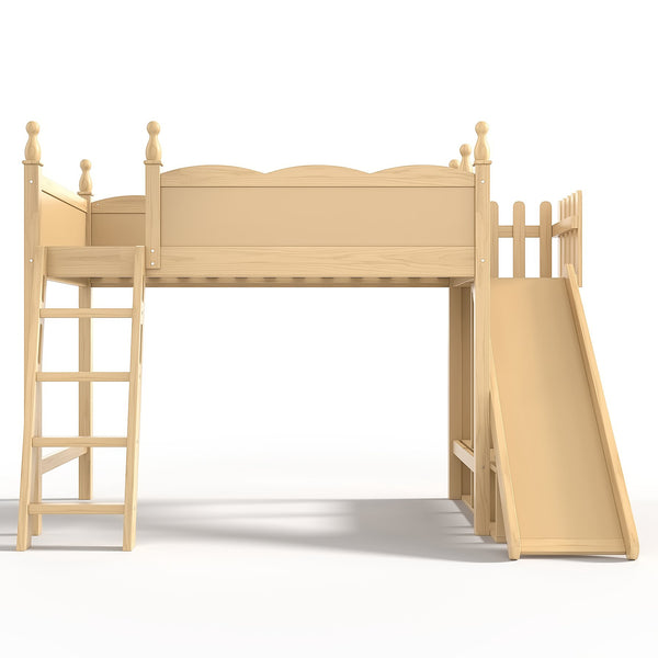 English Elm Twin Loft Bed Solid Pine Frame with Wardrobe Shelving Detachable Slide Kids Room Natural W5305S00017